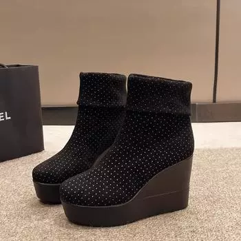 Модные короткие сапоги на танкетке, женские зимние новые сапоги на толстой подошве, тонкие сапоги на высоком каблуке, эластичные и удобные женские сапоги 35 чёрный