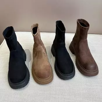 Модные короткие сапоги на толстой подошве для женщин, модные и универсальные сапоги на резинке для осени и зимы 2024 года 35 чёрный