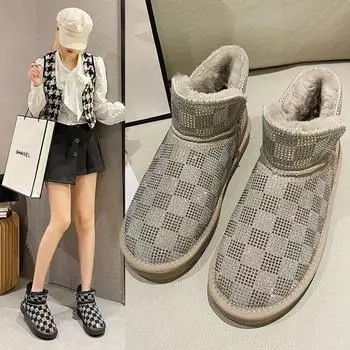 Модные короткие сапоги с мехом 2024 года для женщин, новые зимние туфли на плоской подошве с нескользящей подошвой из кашемира и теплыми стразами из утолщенного хлопка 36 белый