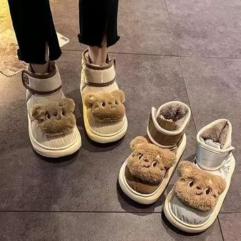 Модные короткие зимние ботинки женские 2024 осень и зима новые повседневные туфли из хлопка с рисунком из мультфильмов теплые бархатные туфли на толстой подошве 36-37 синий