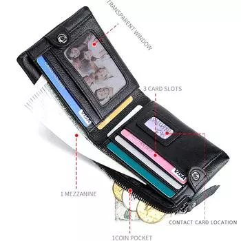 Модные кошельки на молнии из натуральной кожи, держатель для карт для мужчин и женщин, блокировка RFID-карт, удостоверение личности, кошелек для монет чёрный