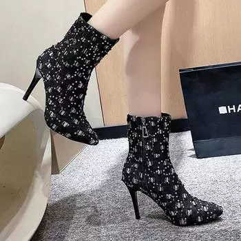 модные ковбойские ботильоны на высоком каблуке женские блестящие туфли с острым носком челси 2024 тренд сексуальные туфли на шпильке холст дизайнерские снежные ботинки женские 35 чёрный