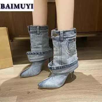 модные ковбойские ботильоны женские туфли челси на высоком каблуке с острым носком женские зимние трендовые брендовые туфли-лодочки для вечеринок дизайнерские туфли Botas Mujer 35 синий