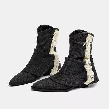 модные ковбойские ботинки челси с острым носком, до середины голени, на среднем каблуке, дизайнерские массивные туфли, трендовые туфли 2024 года, короткие ботинки, зимняя новая женская обувь 35 чёрный