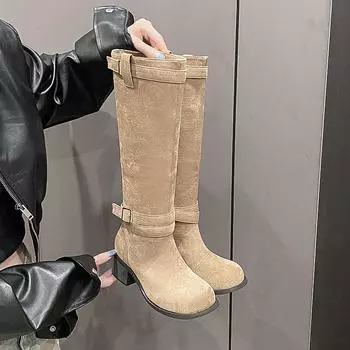 Модные ковбойские рыцарские сапоги на толстом каблуке для женщин, осенняя женская обувь, дизайнерские сапоги из флока с пряжкой, женские 35