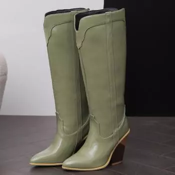 Модные ковбойские сапоги для женщин в стиле вестерн, тенденции 2024 года, женские сапоги до колена, туфли на танкетке и каблуках, большие размеры 45 48 34 чёрный