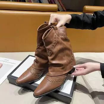 Модные ковбойские сапоги в стиле ретро для женщин, весна-осень, новые сапоги до середины голени на высоком каблуке, женские лодочки с острым носком и толстым каблуком 35 чёрный