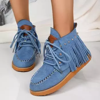 Модные ковбойские сапоги в стиле ретро с кисточками и кисточками для женщин 2024 года, модные ботильоны на плоской подошве со шнуровкой и заклепками, удобные женские ботильоны с мягкой подошвой 36 небесно-голубой