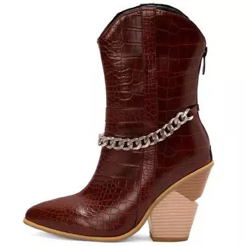 Модные ковбойские сапоги в стиле вестерн для женщин, сексуальные ботильоны с цепочкой для женщин, туфли на танкетке, черные, желтые, белые, осенне-зимние, большого размера 34 чёрный