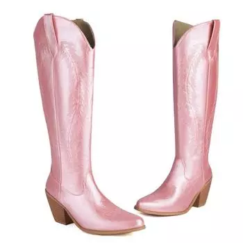 Модные ковбойские сапоги в стиле вестерн, модные розовые и черные женские сапоги до колена, зимние туфли, высокие женские туфли на танкетке, большой размер 45 34 чёрный