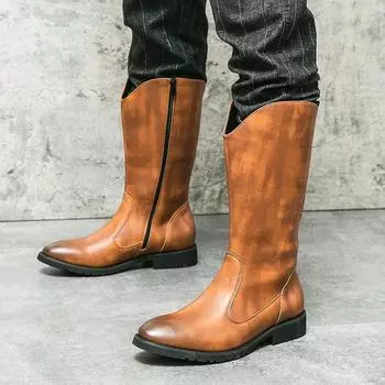 Модные ковбойские сапоги в стиле вестерн, мужские, большие, 46, с круглым носком, на молнии, с длинным стволом, с высоким стволом, винтажные кожаные ботинки в стиле ретро, рыцарская рабочая обувь 2024 38 коричневый