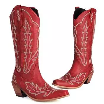 Модные ковбойские сапоги в стиле вестерн, повседневные женские сапоги с вышивкой, высокие зимние женские туфли на танкетке, большой размер 45 34 чёрный