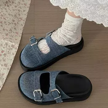 МОДНЫЕ ковбойские синие женские тапочки-полубаотоу, женская летняя обувь на толстой подошве, верхняя одежда, шлепанцы без шнуровки с пряжкой в стиле ретро 35 синий