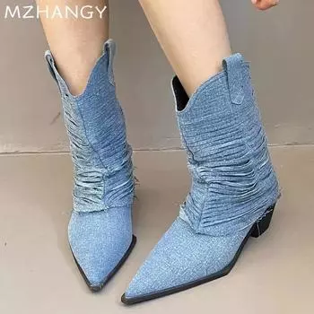 модные ковбойские высокие сапоги женские ботильоны остроносые туфли женские зимние сапоги 2024 сексуальные туфли туфли-лодочки зимние челси женские ботинки 35