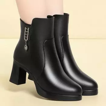 Модные кожаные ботильоны на каблуке 7 см 9 см, зимние ботильоны на молнии, высокие каблуки, теплые толстые плюшевые зимние ботинки для женщин Botines De Mujer 35