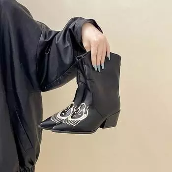 Модные кожаные ботильоны с острым принтом, на толстом высоком каблуке, с голенищем, короткие ботинки, женские осенне-зимние, ретро замшевые, темпераментные, средней длины, ботинки Мартин 35