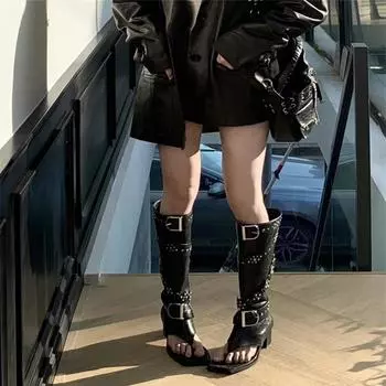 Модные кожаные ботинки в стиле панк с пряжкой, острым носком и открытым носком, на ультравысоком каблуке, женские винтажные рыцарские сандалии 2024 года, модная обувь смешанных цветов 35 чёрный