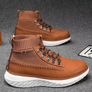 Модные кожаные кроссовки мужские толстая подошва 5 см высокий верх повседневные ботильоны британский стиль увеличивающие рост большой размер 48 49 50 40