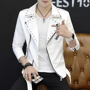 Модные кожаные куртки мужские тонкие заклепки украшения мотоциклетная куртка с отложным воротником повседневная уличная куртка из искусственной кожи M