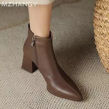 модные кожаные массивные ботильоны женские туфли на высоком каблуке с острым носком женские 2024 трендовые ботинки челси на молнии модные зимние новые женские ботинки 35 чёрный