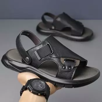 Модные кожаные мужские сандалии для отдыха на открытом воздухе Летние мужские сандалии Тапочки Пляжная повседневная обувь Zapatos Hombre Прочные нескользящие роскошные туфли для мужчин 6.5 чёрный