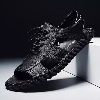 Модные кожаные мужские сандалии для отдыха на природе летняя обувь новые мужские сандалии модная повседневная обувь ручная работа шитье пляжные тапочки дышащая обувь 7 бежевый
