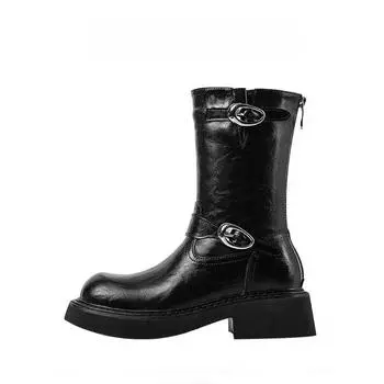 Модные кожаные рыцарские сапоги с пряжкой на платформе в стиле ретро для женщин, осенне-зимние, с мягкой подошвой, женские туфли, модные ботильоны с увеличенным голенищем для женщин 35