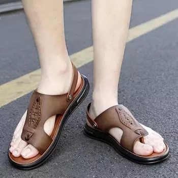 Модные кожаные сандалии для мужчин, летняя пляжная обувь для отдыха на открытом воздухе, повседневные походные мужские сандалии-сабо, гладиаторские мужские тапочки на плоской подошве 2025 38 хаки