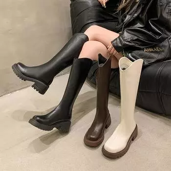 Модные кожаные сапоги на платформе для женщин, осенне-зимние, с мягкой подошвой, дизайнерские сапоги до колена, женские 35