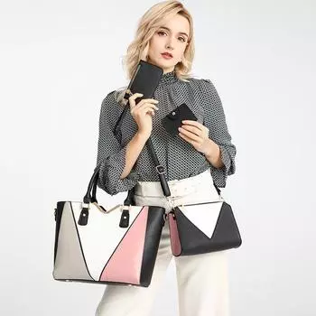 Модные кожаные сумки-тоут большой емкости, стильные контрастные цветные женские сумки, простые женские сумки для поездок на работу, набор из 3 шт.