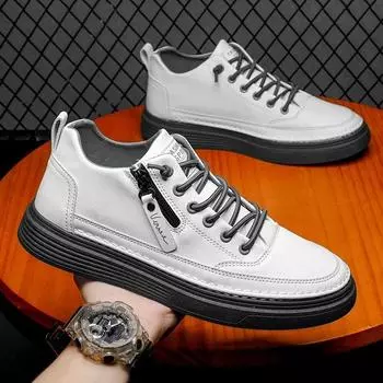 Модные кожаные туфли на молнии, удобные спортивные кроссовки, туфли без застежек для мужчин, повседневные туфли из кожи с высоким берцем, ботильоны на плоской подошве 39