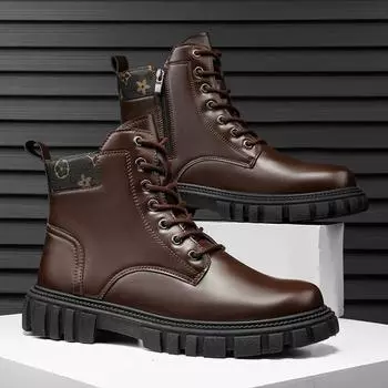 Модные кожаные туфли с круглым носком, повседневные кроссовки, высокие сапоги, мокасины, рабочая одежда, модные ботильоны, зимние сапоги для мужчин, мягкие и удобные 39 чёрный