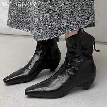 модные кожаные женские ботильоны с острым носком зимние туфли на низком каблуке туфли-лодочки женские 2025 тренд элегантные вечерние готические ботинки челси Mujer Botas 34 чёрный