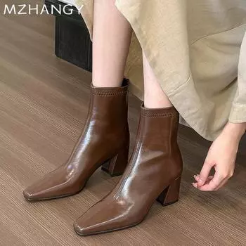 модные кожаные женские ботильоны с острым носком элегантные туфли на высоком каблуке женские 2025 трендовые модные зимние туфли-лодочки челси женские ботинки 34 бежевый