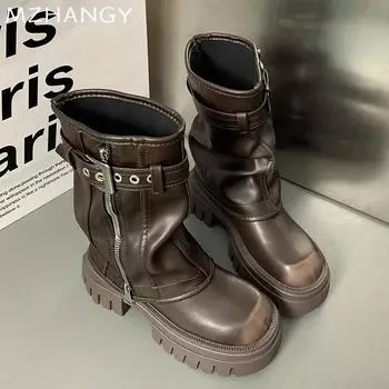 модные кожаные женские ботинки на платформе на плоской подошве дизайнерская зимняя обувь женская 2024 трендовые ботинки челси на молнии новые женские модные мотоциклетные ботинки 35 чёрный