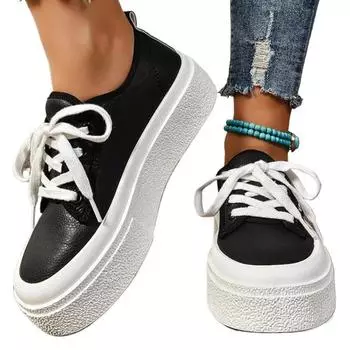 Модные кожаные женские кроссовки на плоской подошве на платформе для бега спортивная обувь SyfIyno Trend Winter New Lace Up Casual Shoes Walking Mujer Zapatillas 36 чёрный