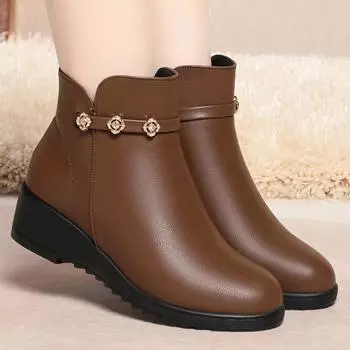 Модные кожаные женские сапоги 2024 года, зимние толстые шерстяные женские сапоги с подкладкой из натуральной кожи, большие размеры 35-40, женская зимняя обувь, каблук 4,5 см 35 чёрный