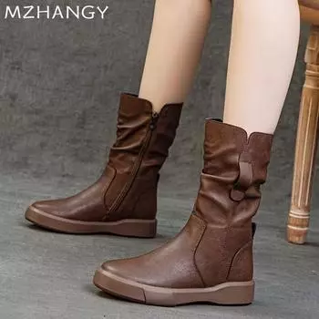 модные кожаные женские зимние сапоги средней длины на плоской подошве плиссированные зимние туфли женские 2024 трендовые модные мотоциклетные сапоги новые готические удобные женские ботинки 35 чёрный