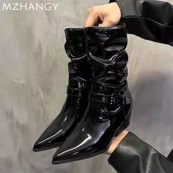 Модные кожаные женские зимние сапоги средней высоты с острым носком на среднем каблуке, женская обувь 2025 года, модные зимние ботинки челси, туфли-лодочки, новые женские ботинки 35