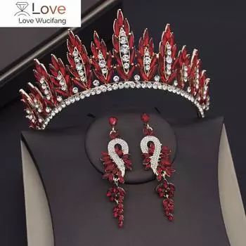 Модные красные диадемы, свадебные комплекты ювелирных изделий для женщин, свадебные короны, серьги, комплекты с диадемами, аксессуары для вечеринок для девочек