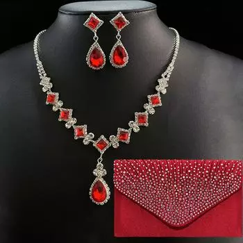 Модные красные драгоценные камни, геометрические капли воды, ожерелье, серьги, клатч, аксессуары для вечернего платья, сумка для ужина, три комплекта красный