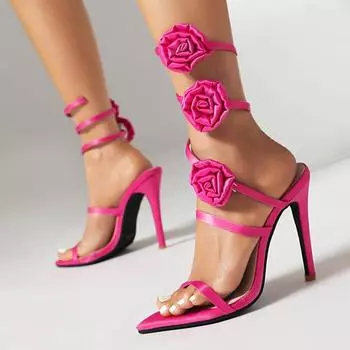 Модные красные летние босоножки для женщин, высокие каблуки, цветочные шлепанцы, большие ремешки, золотые танцевальные туфли для свадебных вечеринок и вечеринок, женская обувь 35 ярко-розовый
