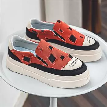 Модные красные мужские туфли без застежек с заплатками, дизайнерские лоферы для скейтбординга на плоской подошве, повседневная мужская парусиновая обувь, дышащая обувь на платформе, мужская 39