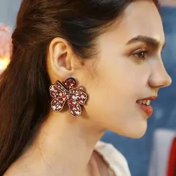 Модные красные серьги с большими бантами на Рождество, ручные украшения из рисовых бусин, женские серьги-капли в богемном стиле