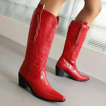 Модные красные женские высокие сапоги 2024 зимняя обувь ковбойские сапоги до колена черные белые большой размер 45 обувь теплая женская обувь 34 чёрный