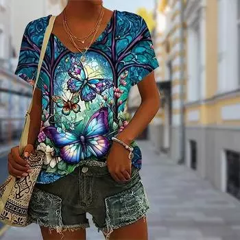 Модные красочные блузки с принтом бабочек, футболки с коротким рукавом и V-образным вырезом, повседневные XS белый
