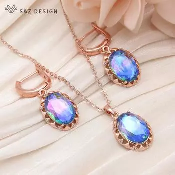 Модные красочные овальные серьги с имитацией турмалина, комплекты ювелирных изделий для женщин, ожерелье с подвеской цвета розового золота