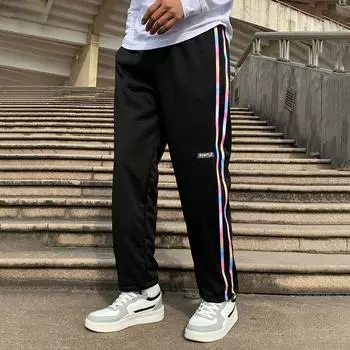 Модные красочные полоски, украшенные низом, черные мужские повседневные брюки 2XL чёрный