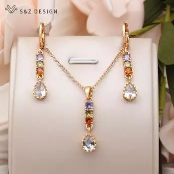 Модные красочные серьги-капли с кубическим цирконием, комплекты ювелирных изделий для женщин, модное простое ожерелье с подвеской, прекрасный подарок