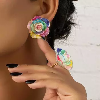 Модные красочные светящиеся серьги и кольца с розами для женщин